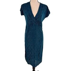 vintage women's surplice dress teal gold metallic v neck  faux wrap size 4